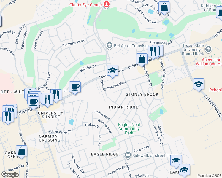 map of restaurants, bars, coffee shops, grocery stores, and more near 813-815 Satellite View in Round Rock