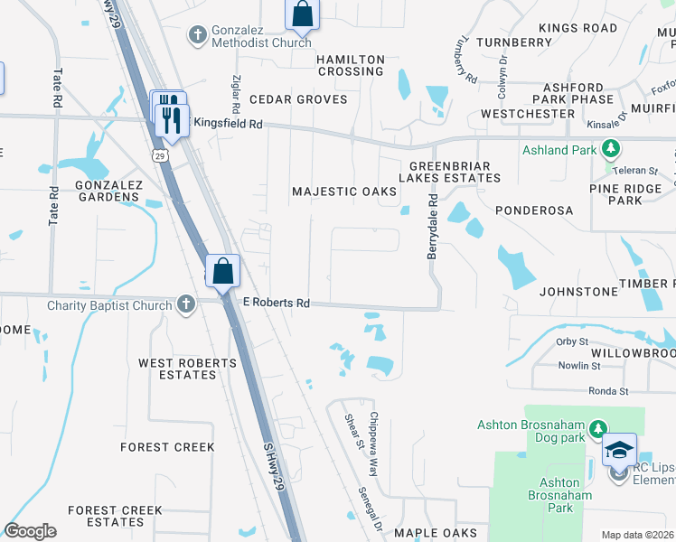 map of restaurants, bars, coffee shops, grocery stores, and more near 1996 North Roberts Circle in Pensacola