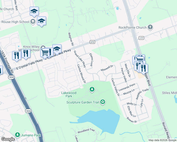 map of restaurants, bars, coffee shops, grocery stores, and more near 2036 Elaina Loop in Leander