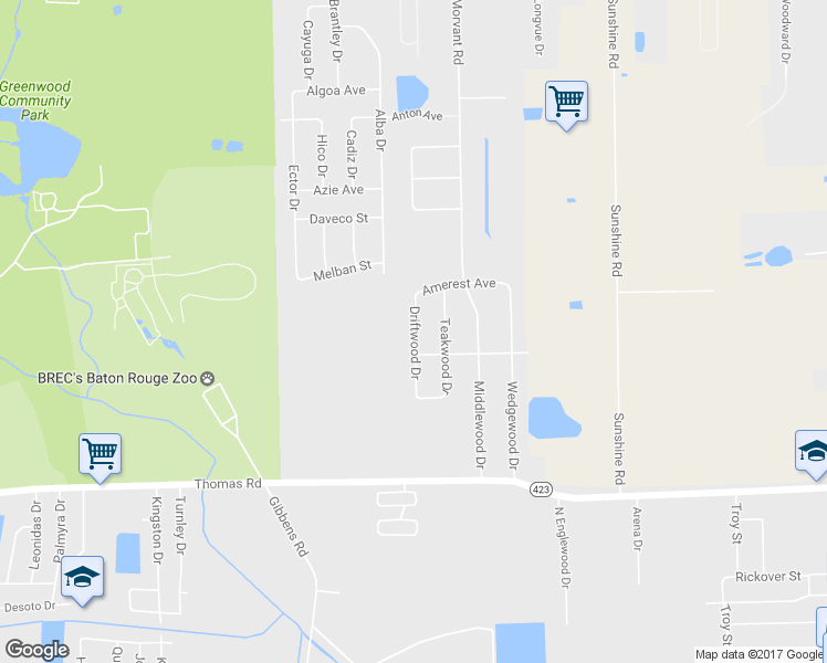 map of restaurants, bars, coffee shops, grocery stores, and more near 12819 Driftwood Drive in Baker