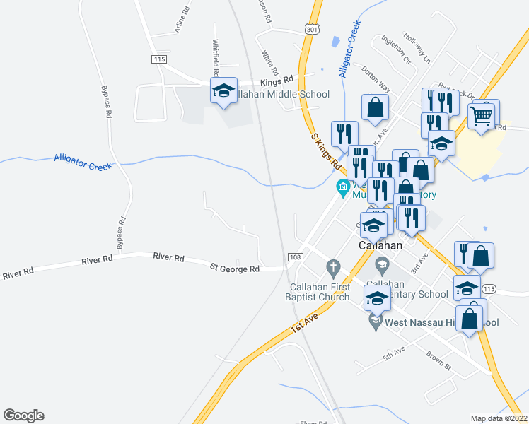 map of restaurants, bars, coffee shops, grocery stores, and more near 45120 Oak Trail in Callahan