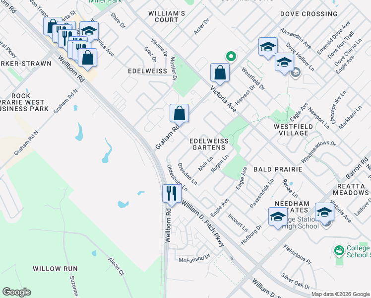 map of restaurants, bars, coffee shops, grocery stores, and more near 3717 Oldenburg Lane in College Station