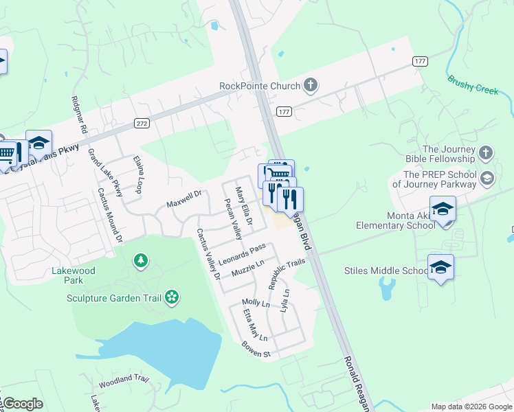 map of restaurants, bars, coffee shops, grocery stores, and more near 2005 Granite Springs Road in Leander