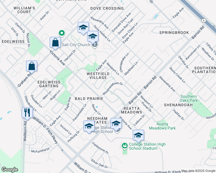 map of restaurants, bars, coffee shops, grocery stores, and more near 924 Windmeadows Drive in College Station
