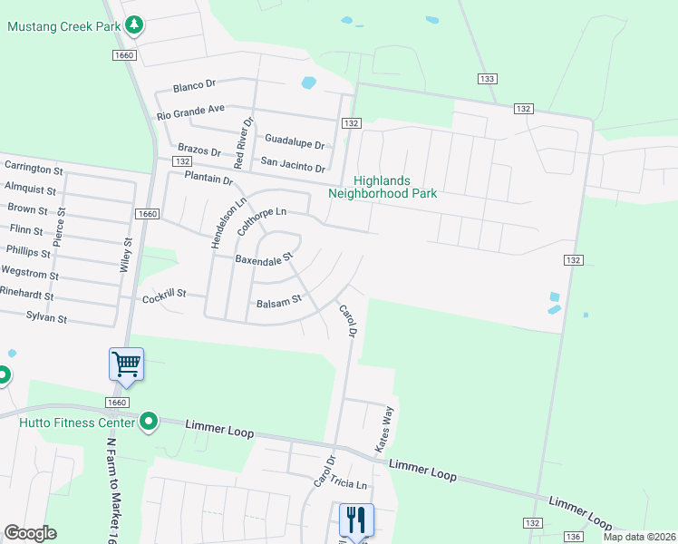 map of restaurants, bars, coffee shops, grocery stores, and more near 210 Balsam Street in Hutto