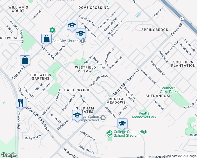 map of restaurants, bars, coffee shops, grocery stores, and more near 924 Windmeadows Drive in College Station