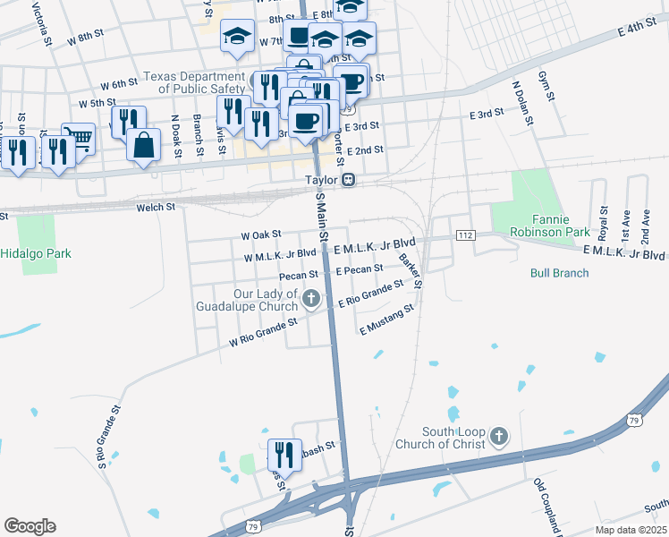 map of restaurants, bars, coffee shops, grocery stores, and more near 417 S Main St in Taylor