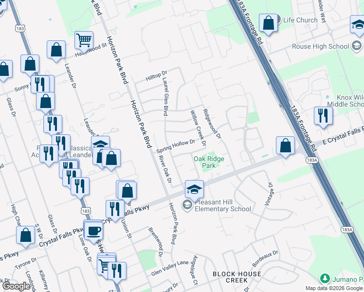 map of restaurants, bars, coffee shops, grocery stores, and more near 710 Spring Hollow Drive in Leander
