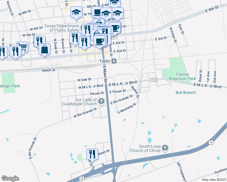 map of restaurants, bars, coffee shops, grocery stores, and more near 417 South Main Street in Taylor