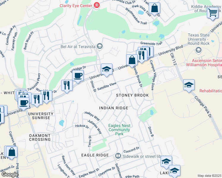 map of restaurants, bars, coffee shops, grocery stores, and more near 1416 Quicksilver Circle in Round Rock