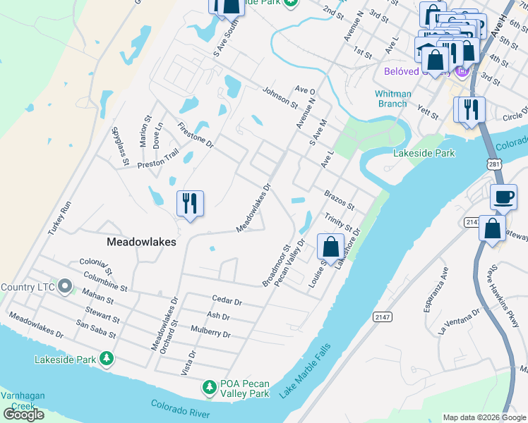 map of restaurants, bars, coffee shops, grocery stores, and more near 23 Fairway Lane in Meadowlakes