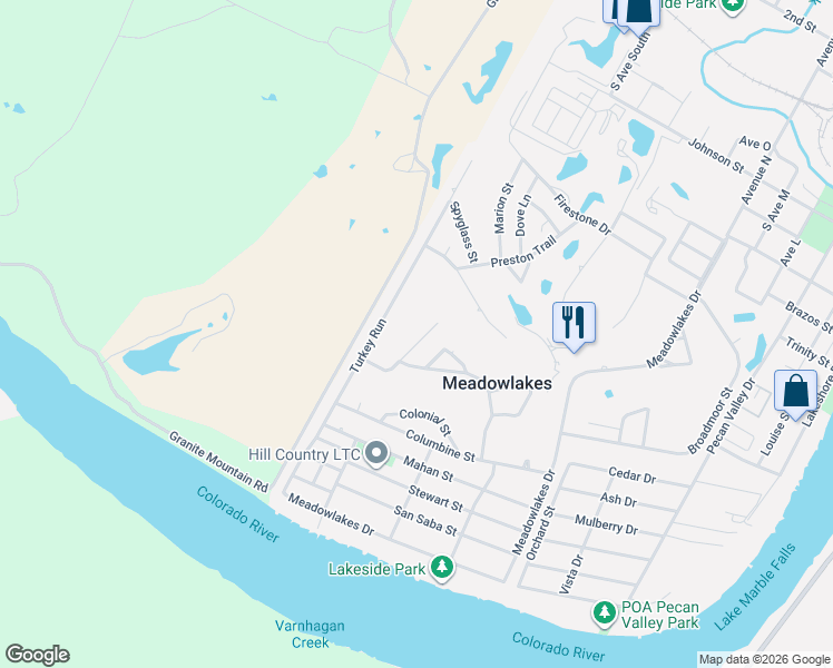 map of restaurants, bars, coffee shops, grocery stores, and more near 242 Carnoustie St in Meadowlakes