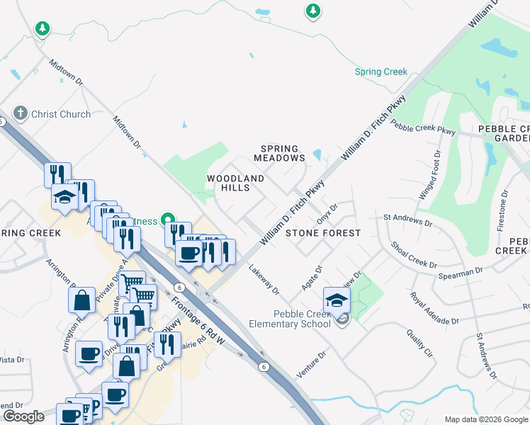 map of restaurants, bars, coffee shops, grocery stores, and more near 307 Stoney Hills Court in College Station
