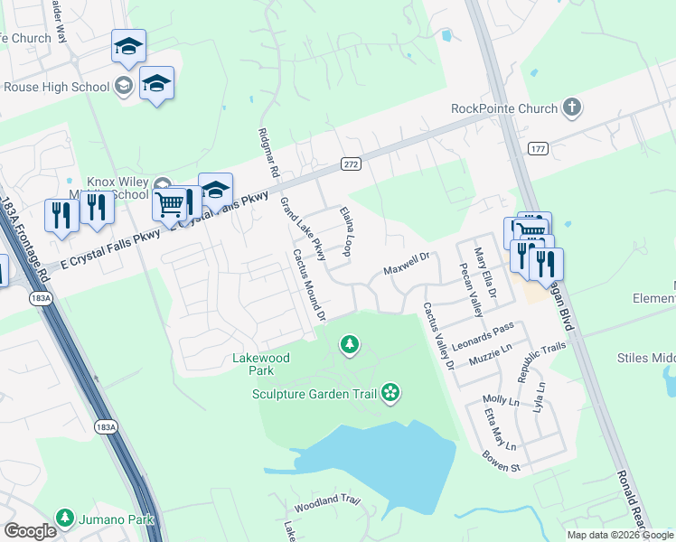 map of restaurants, bars, coffee shops, grocery stores, and more near 2036 Elaina Loop in Leander