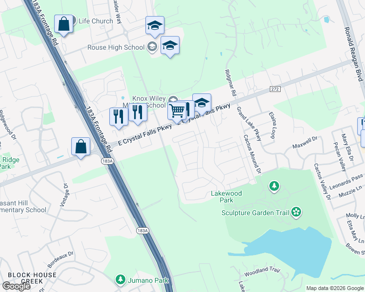 map of restaurants, bars, coffee shops, grocery stores, and more near 1808 Arendale Drive in Leander