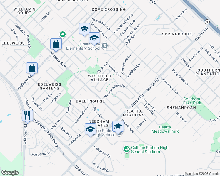 map of restaurants, bars, coffee shops, grocery stores, and more near 924 Windmeadows Drive in College Station