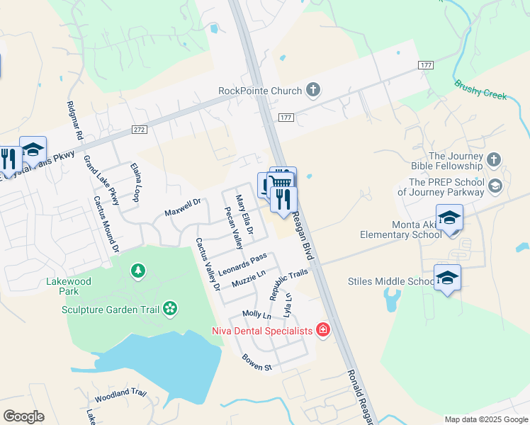 map of restaurants, bars, coffee shops, grocery stores, and more near 2004 Granite Springs Road in Leander