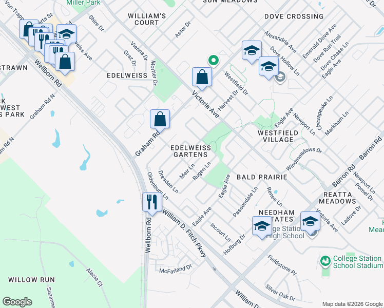 map of restaurants, bars, coffee shops, grocery stores, and more near 212 Hartford Drive in College Station