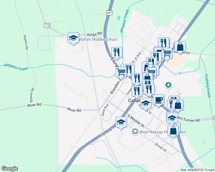 map of restaurants, bars, coffee shops, grocery stores, and more near 45184 New Ogilvie Street in Callahan
