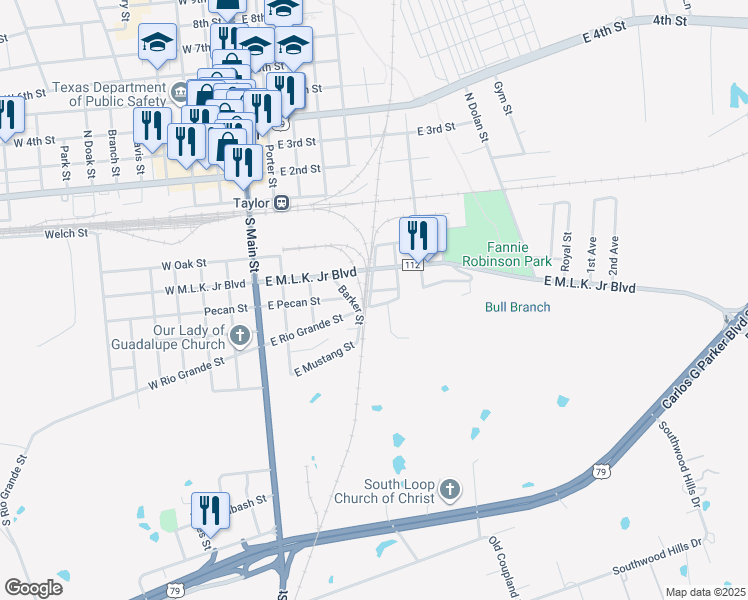 map of restaurants, bars, coffee shops, grocery stores, and more near 600 East Pecan Street in Taylor
