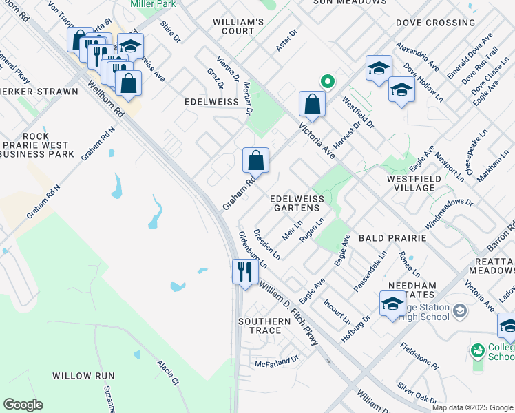 map of restaurants, bars, coffee shops, grocery stores, and more near 3717 Oldenburg Lane in College Station