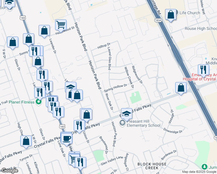map of restaurants, bars, coffee shops, grocery stores, and more near 1307 Laurel Glen Boulevard in Leander