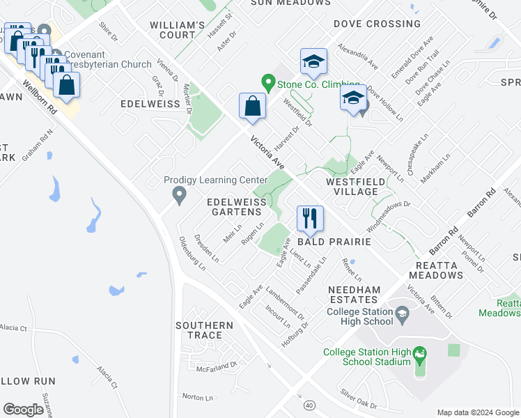 map of restaurants, bars, coffee shops, grocery stores, and more near 218 Meir Lane in College Station