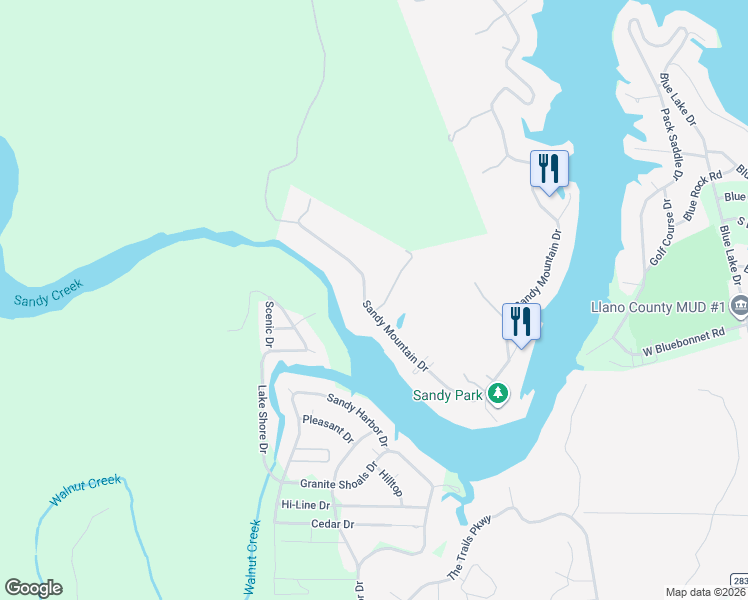 map of restaurants, bars, coffee shops, grocery stores, and more near 911 Sandy Mountain Drive in Sunrise Beach Village