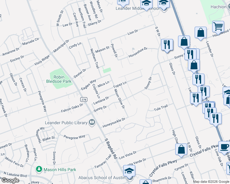 map of restaurants, bars, coffee shops, grocery stores, and more near 906 Moon Glow Drive in Leander