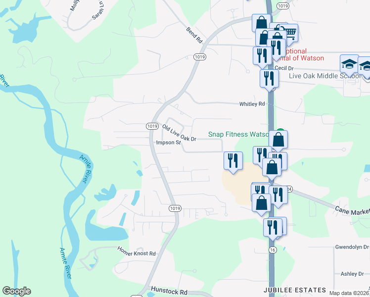 map of restaurants, bars, coffee shops, grocery stores, and more near 7531 Impson Street in Denham Springs