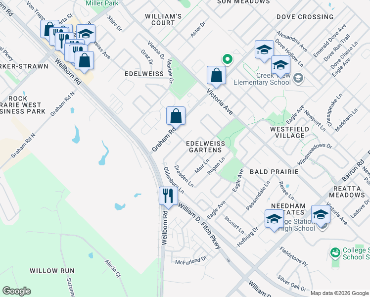 map of restaurants, bars, coffee shops, grocery stores, and more near 119 Karten Lane in College Station