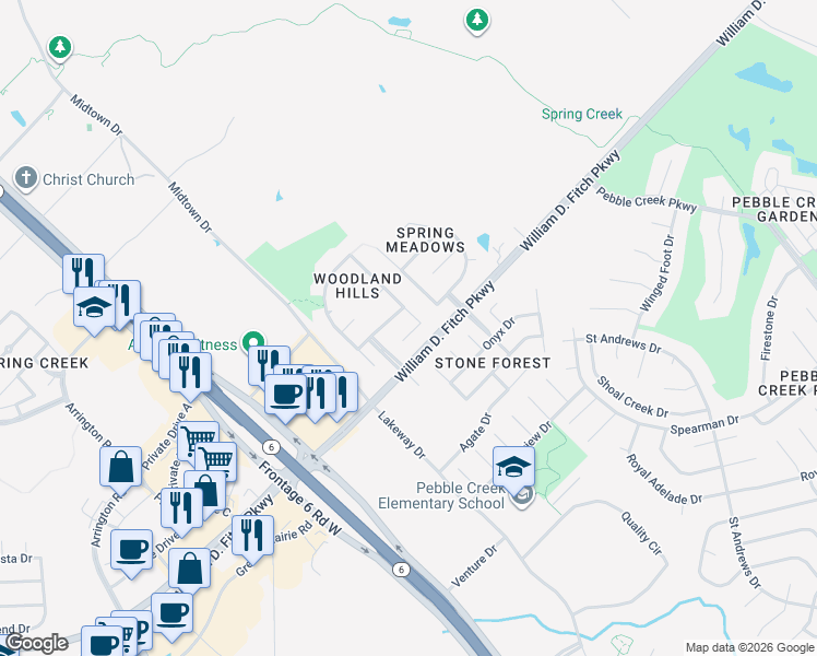 map of restaurants, bars, coffee shops, grocery stores, and more near 307 Stoney Hills Court in College Station