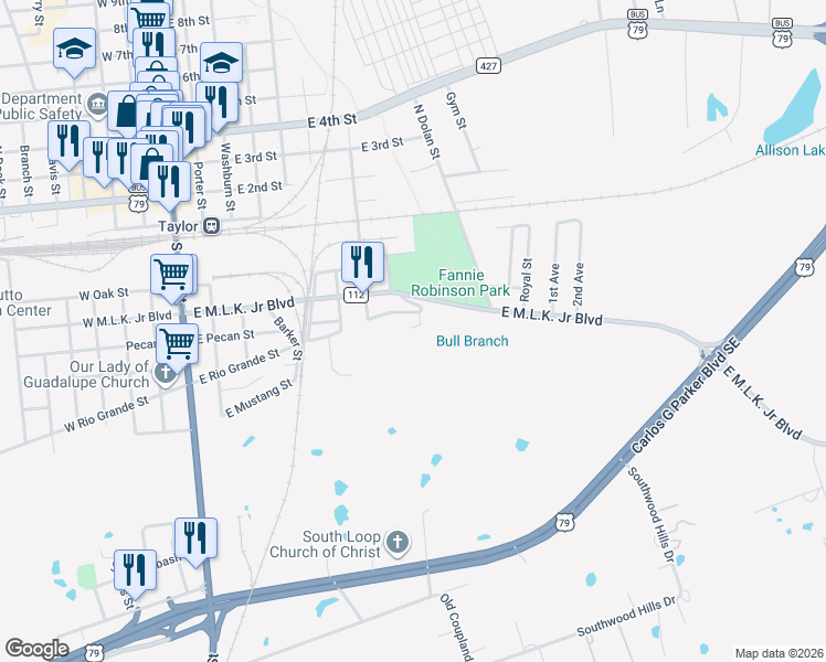 map of restaurants, bars, coffee shops, grocery stores, and more near 1400 East Martin Luther King Junior Boulevard in Taylor