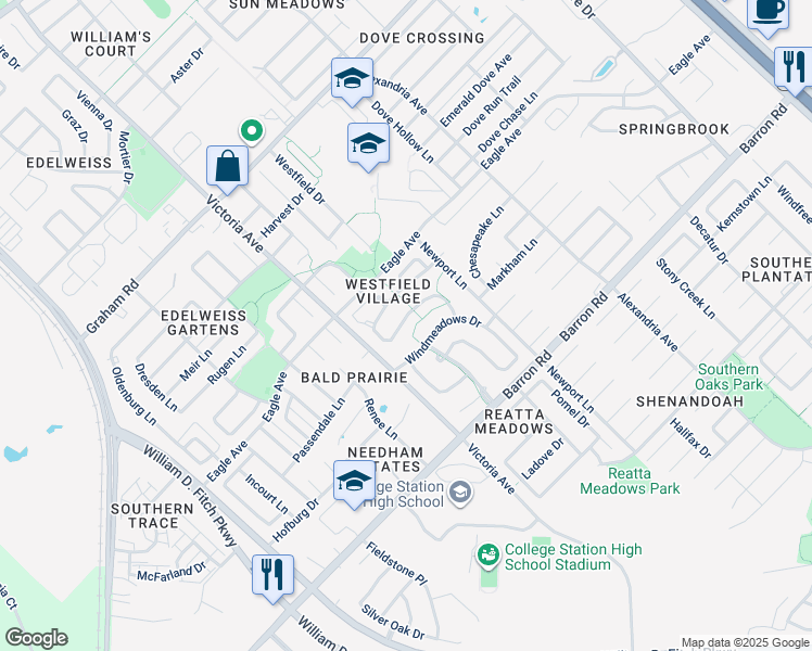 map of restaurants, bars, coffee shops, grocery stores, and more near 921 Crested Point Drive in College Station