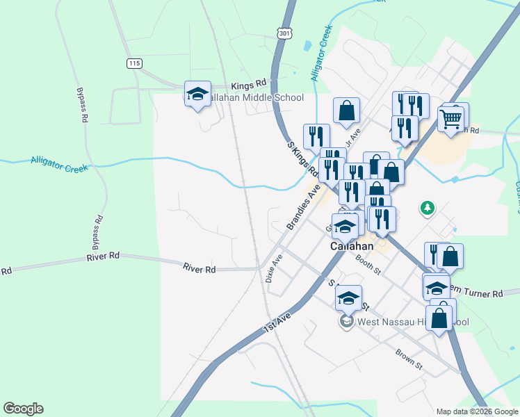 map of restaurants, bars, coffee shops, grocery stores, and more near 45120 Oak Trail in Callahan