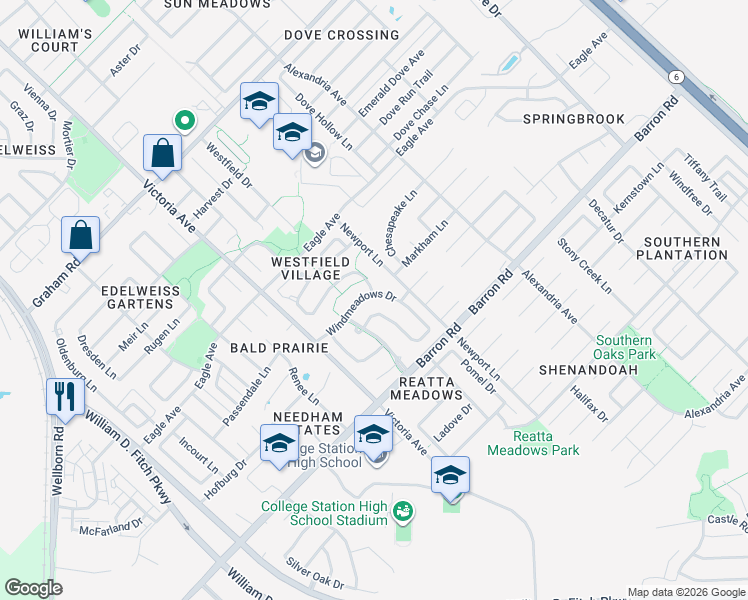 map of restaurants, bars, coffee shops, grocery stores, and more near 924 Windmeadows Drive in College Station