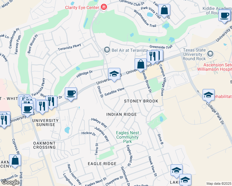 map of restaurants, bars, coffee shops, grocery stores, and more near 1416 Quicksilver Circle in Round Rock