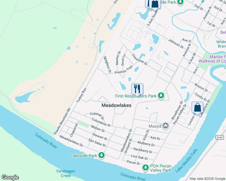 map of restaurants, bars, coffee shops, grocery stores, and more near 435 Saint Andrews Street in Meadowlakes