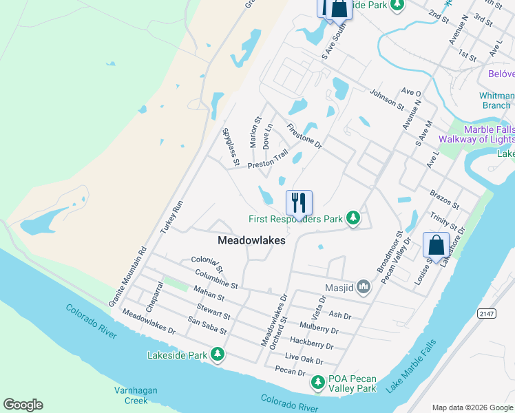 map of restaurants, bars, coffee shops, grocery stores, and more near 435 Saint Andrews Street in Meadowlakes