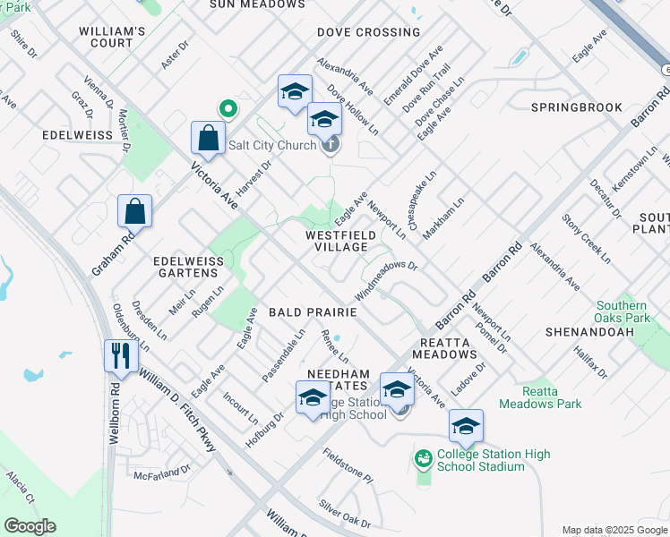 map of restaurants, bars, coffee shops, grocery stores, and more near 3902 Bridgeberry Court in College Station