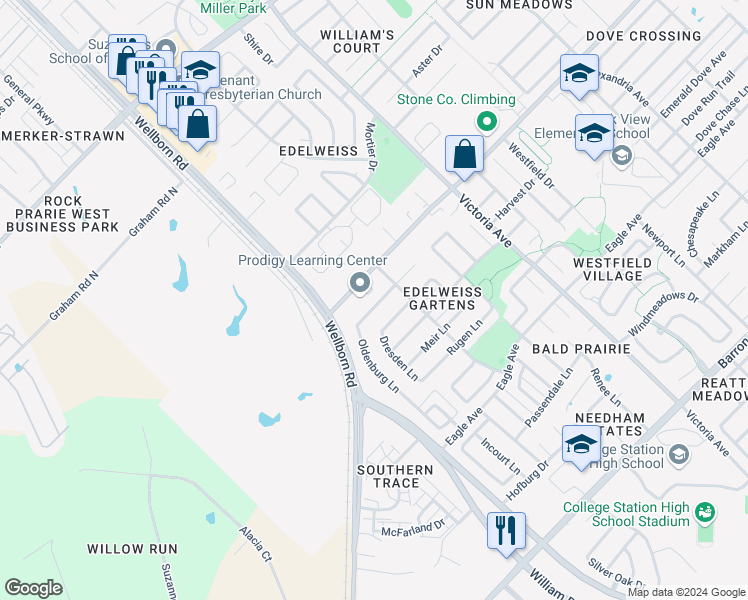 map of restaurants, bars, coffee shops, grocery stores, and more near 3718 Oldenburg Lane in College Station