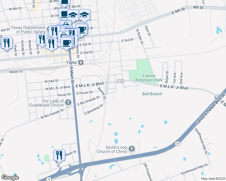 map of restaurants, bars, coffee shops, grocery stores, and more near 600 East Pecan Street in Taylor