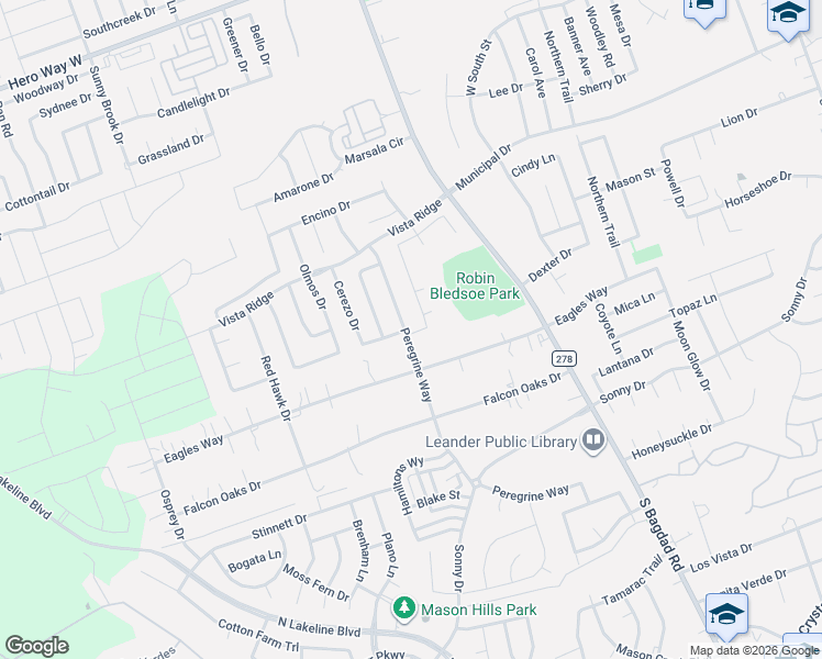map of restaurants, bars, coffee shops, grocery stores, and more near 644 Peregrine Way in Leander