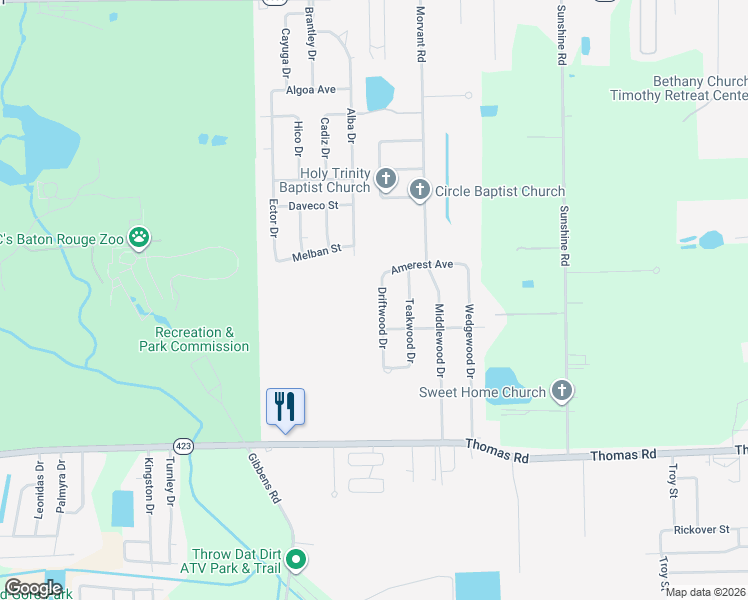 map of restaurants, bars, coffee shops, grocery stores, and more near 12819 Driftwood Drive in Baker