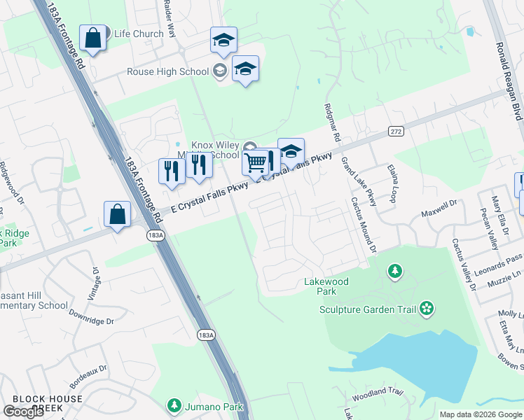 map of restaurants, bars, coffee shops, grocery stores, and more near 1808 Arendale Drive in Leander