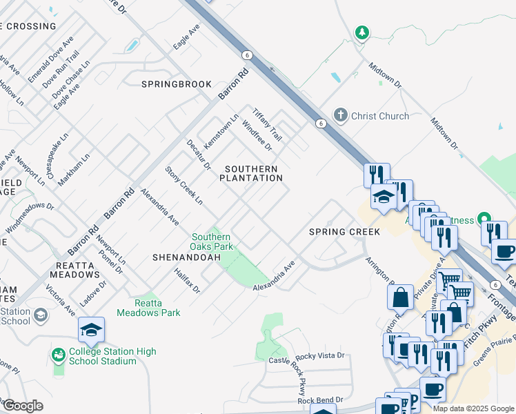 map of restaurants, bars, coffee shops, grocery stores, and more near 1504 Hunter Creek Drive in College Station