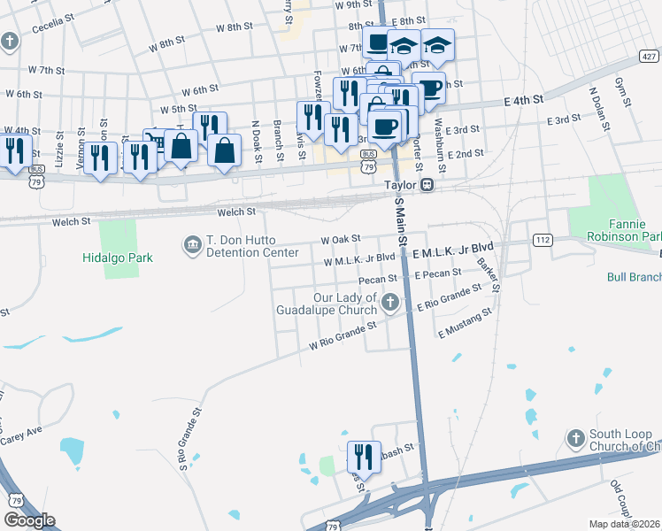 map of restaurants, bars, coffee shops, grocery stores, and more near 409 Gano Street in Taylor