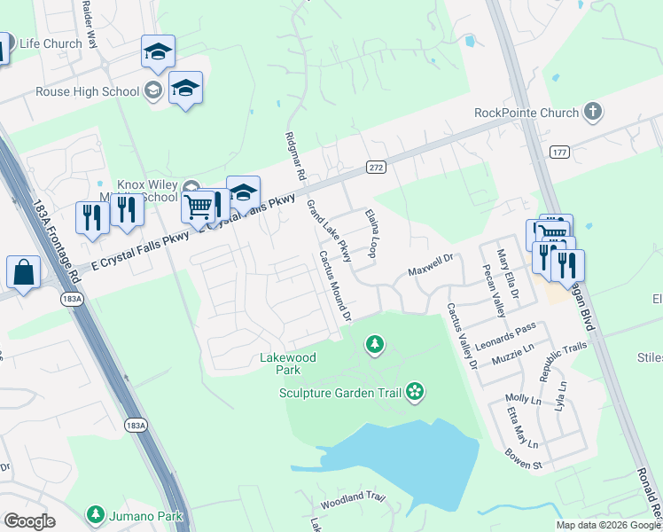 map of restaurants, bars, coffee shops, grocery stores, and more near 1812 Cactus Mound Drive in Leander