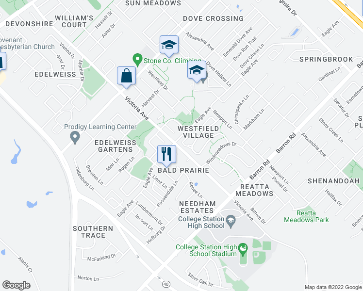 map of restaurants, bars, coffee shops, grocery stores, and more near 3905 Victoria Avenue in College Station