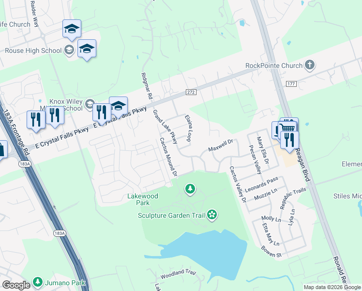 map of restaurants, bars, coffee shops, grocery stores, and more near 2036 Elaina Loop in Leander